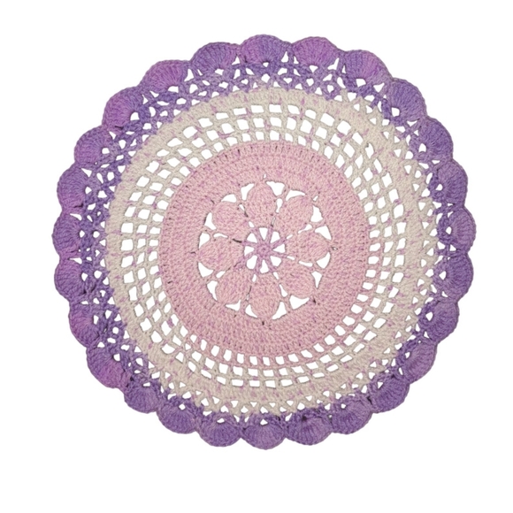 Handmade Purple/Pink Crochet Floral Doily Set Of 2 - Picture 3 of 4